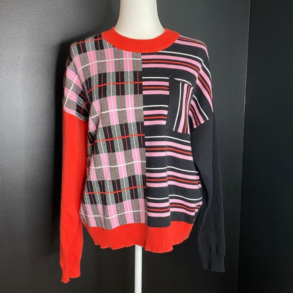 Oversized Red & Pink Patchwork Colorblock Knit Sweater